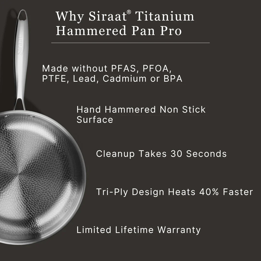 Siraat Titanium Hammered Pan Pro feature overview - made without PFAS, PFOA, PTFE, lead, cadmium, or BPA, hand-hammered non-stick surface, 30-second cleanup, tri-ply design, lifetime warranty